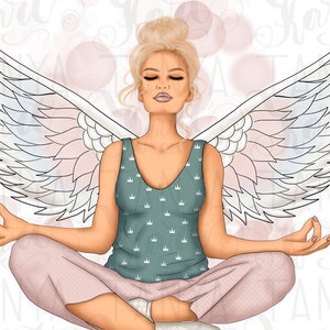 May include: Digital illustration of a person meditating with closed eyes, wearing a teal tank top with a crown pattern and pink pants. Large white wings with pastel accents are behind the person. The person is sitting cross-legged.