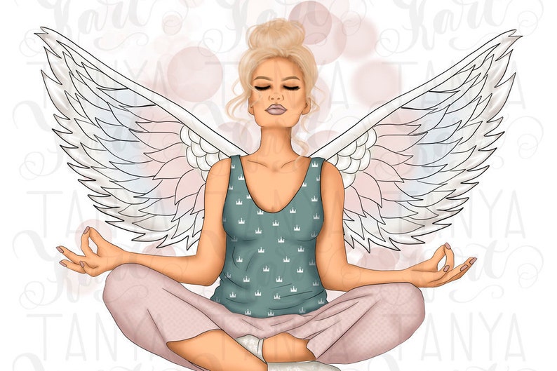 May include: Digital illustration of a person meditating with closed eyes, wearing a teal tank top with a crown pattern and pink pants. Large white wings with pastel accents are behind the person. The person is sitting cross-legged.