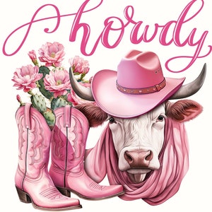 Pink Cow Print PNG for Sublimation Instant Download, Pink Cowgirl Hat PNG, Highland Cow, Aztec Cowhide PNG Theme for Howdy Shirt, Rodeo Art