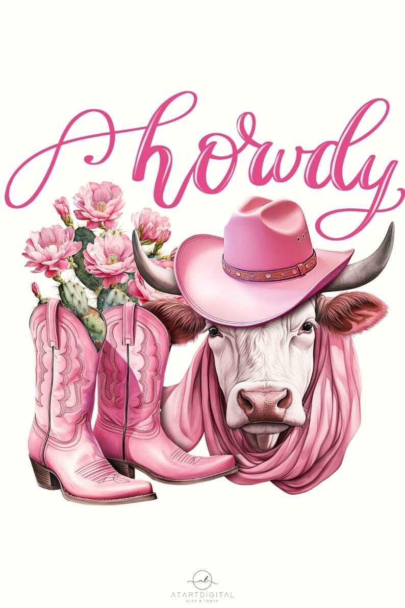 Pink Cow Print PNG for Sublimation Instant Download, Pink Cowgirl Hat PNG, Highland Cow, Aztec Cowhide PNG Theme for Howdy Shirt, Rodeo Art