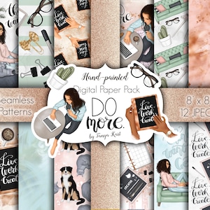 Paquete de papel digital Planner Girl, patrones digitales sin costuras Boss Girl, papel Work Girly, patrones de tela dibujados a mano