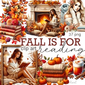 Ensemble de clipart lecture automne confortable, autocollants livresques, agenda, décoration d'automne, citrouille et livre, thème automne, téléchargement immédiat pour le scrapbooking