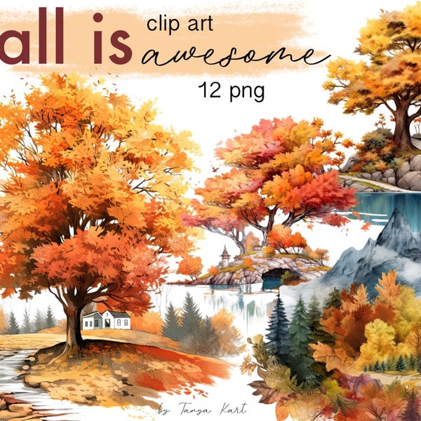 Watercolor Autumn Clipart, Fall Landscape Png Instant Download, Fall Scene Clipart, Autumn Scenery, Landscape Clipart Bundle Commercial Use