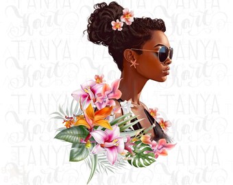 African American Summer Girl Png, Girl With Sunglasses, Summer Girl Designs, Woman With Flowers, Sublimation Design, PNG Digital Download