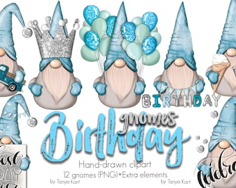 Happy Birthday Gnome Stickers Clipart, Valentines Day Images, Blue Boys Gnomes, Birthday Gnomes Designs for Invitations and Craft Supplies