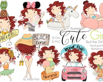 Beach Girl Planner Stickers, Summer Graphics, Digital Clipart and Illustrations for Party Planning, Unicorn Beach Time - Cute Red Hair Girls