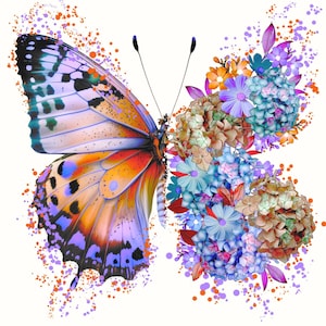 Puede incluir: Una mariposa colorida con alas naranjas, azules y moradas est&aacute; rodeada de un grupo de flores azules, moradas y naranjas. La mariposa y las flores est&aacute;n sobre un fondo blanco con puntos naranjas y morados.