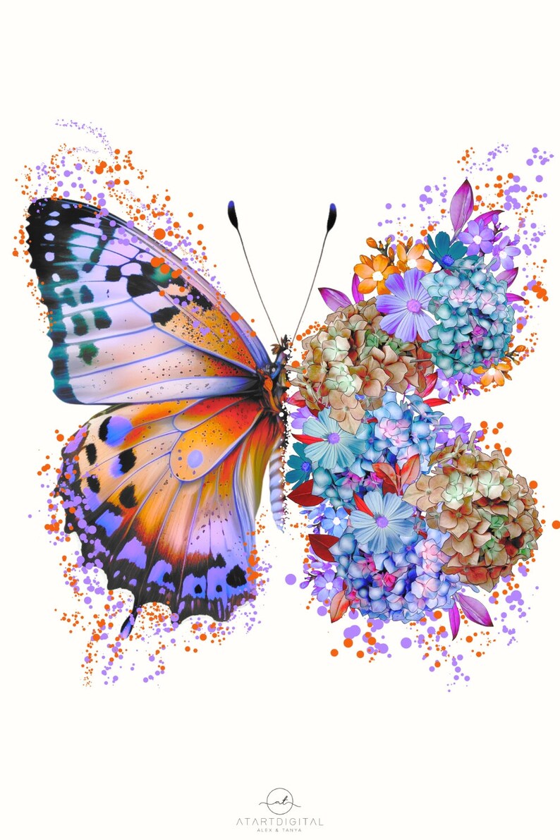 Puede incluir: Una mariposa colorida con alas naranjas, azules y moradas est&aacute; rodeada de un grupo de flores azules, moradas y naranjas. La mariposa y las flores est&aacute;n sobre un fondo blanco con puntos naranjas y morados.