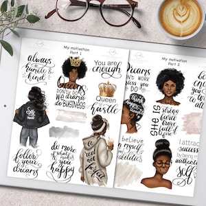 Motywacyjne naklejki GoodNotes do cyfrowych planerów, kobieta z melaniną, motywująca dziewczyna z afro, obraz manifestacji, naklejki wzmacniające,