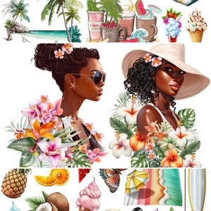 May include: A colorful illustration of summer vacation items, including palm trees, ice cream cones, sunglasses, a beach chair, a surfboard, a beach ball, a pineapple, a coconut, a watermelon, a sandcastle, a straw hat, a beach towel, and a cocktail. The illustration also features two women with dark skin and curly hair, one wearing a white hat and the other wearing sunglasses.