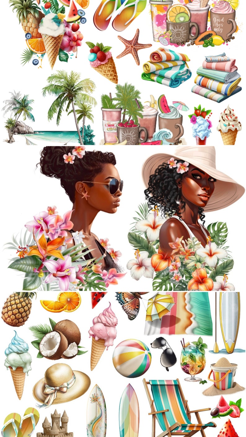 May include: A colorful illustration of summer vacation items, including palm trees, ice cream cones, sunglasses, a beach chair, a surfboard, a beach ball, a pineapple, a coconut, a watermelon, a sandcastle, a straw hat, a beach towel, and a cocktail. The illustration also features two women with dark skin and curly hair, one wearing a white hat and the other wearing sunglasses.