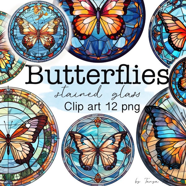 Butterfly Stained Glass PNG Clipart for Commercial Use, Vintage Illustration for Junk Journal, Colorful Butterflies Png Instant Download
