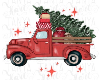 May include: A red vintage pickup truck with a Christmas tree and presents in the bed. The truck is decorated with red and white lights and has a white background.