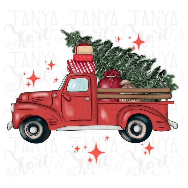 Roter Weihnachtsbaum LKW, Sublimation Design, Weihnachtsauto Png, Santa's Auto Weihnachten Transfer, Urlaub Sublimation, Frohe Weihnachten Png