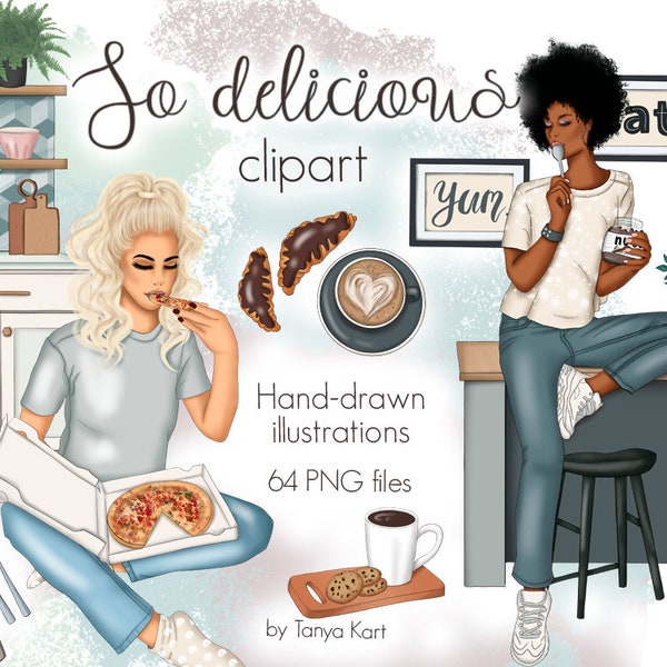 Delicious Food Clipart for Planner Stickers, Fashion Kitchen Illustration, Afro Girl,Scandi Style PNG,Cooking Girl,Eat Pizza,Interior Design