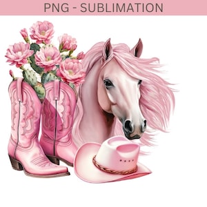 May include: Pink cowboy boots, a pink cowboy hat, and a pink horse head with a flowing mane. The boots have a pointed toe and a high heel. The hat has a wide brim and a brown band. The horse head has a white face and a pink mane.