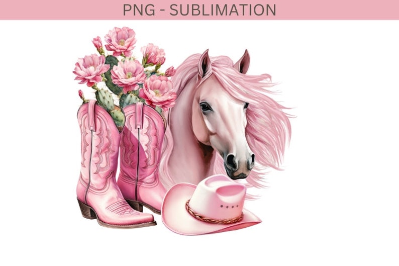 May include: Pink cowboy boots, a pink cowboy hat, and a pink horse head with a flowing mane. The boots have a pointed toe and a high heel. The hat has a wide brim and a brown band. The horse head has a white face and a pink mane.