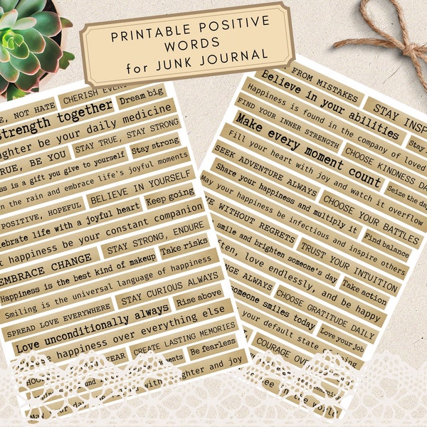 Printable Ephemera Words, Vintage Inspirational Quotes, Junk Journal Supplies, Digital Collage Sheet with Positive Affirmations