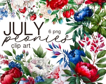 Watercolor July Peonies Clipart Bundle, Digital PNG Designs for Scrapbooking & Wedding Invitations, Planner Stickers and Sublimation Designs