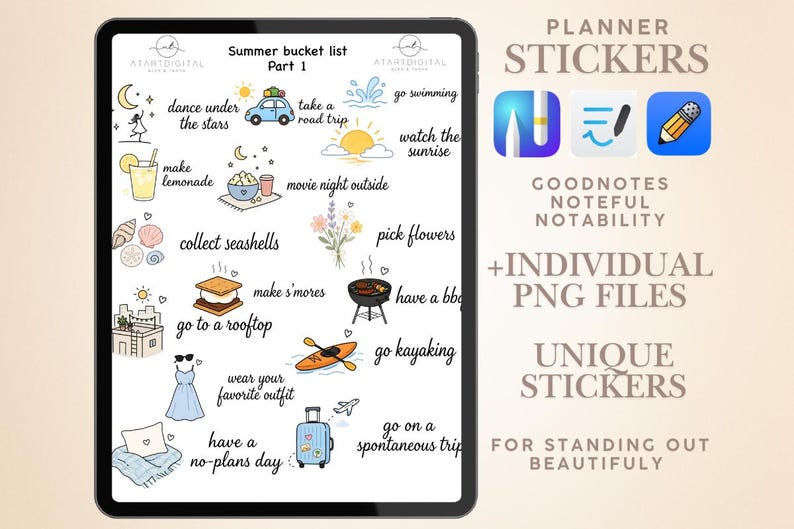 Summer Bucket List Digital Planner Stickers | Summer Journal Stickers ...