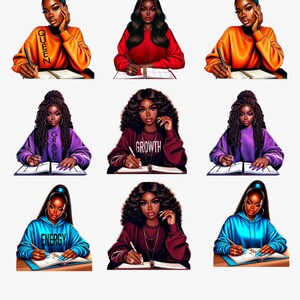 May include: Nine digital illustrations of Black women with different hairstyles, wearing colorful sweatshirts with motivational words like "Queen", "Grace", "Growth", and "Energy". Each woman is sitting at a desk with a notebook and pen, writing in their journals.
