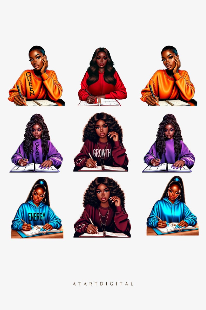 May include: Nine digital illustrations of Black women with different hairstyles, wearing colorful sweatshirts with motivational words like "Queen", "Grace", "Growth", and "Energy". Each woman is sitting at a desk with a notebook and pen, writing in their journals.