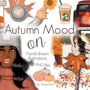 Fall Clipart, Autumn Mood Clipart, Afro Girl, Fall Planner, Autumn Design, Planner Diy, Autumn Craft, Stationery,  African American, Fashion