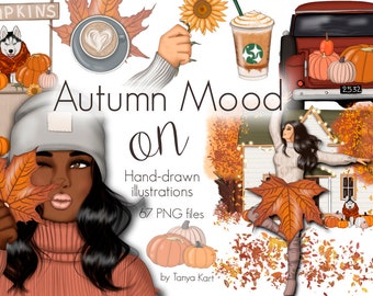 Fall Clipart: Autumn Mood, Afro Girl Illustrations (PNG Files)