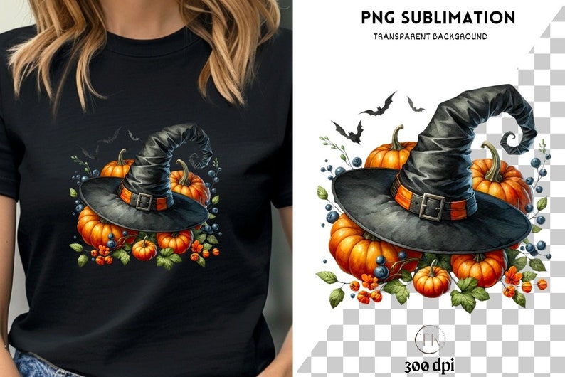 May include: Black t-shirt featuring a Halloween design. The design includes a black witch hat with an orange band, pumpkins, and bats. The hat sits atop orange pumpkins with green leaves and berries. The words "PNG SUBLIMATION" are at the top.