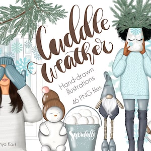 Winter Vibes Clipart Set - Fashion Girl, Snowman, Cold Weather, Cozy Winter Graphics Collection for Invitation Design, Watercolor Bundle