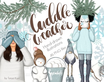 Winter Vibes Clipart Set - Fashion Girl, Snowman, Cold Weather, Cozy Winter Graphics Collection for Invitation Design, Watercolor Bundle
