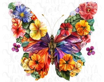 Butterfly PNG Digital File, Instant Download Sublimation Prints, Printable Butterfly Stickers & Spring Flowers Design | PNG Files