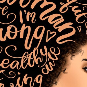 May include: A digital illustration of a woman with an afro hairstyle. The background is black with the words "I'm a beautiful woman, I'm strong, I'm healthy, I'm amazing" written in orange.