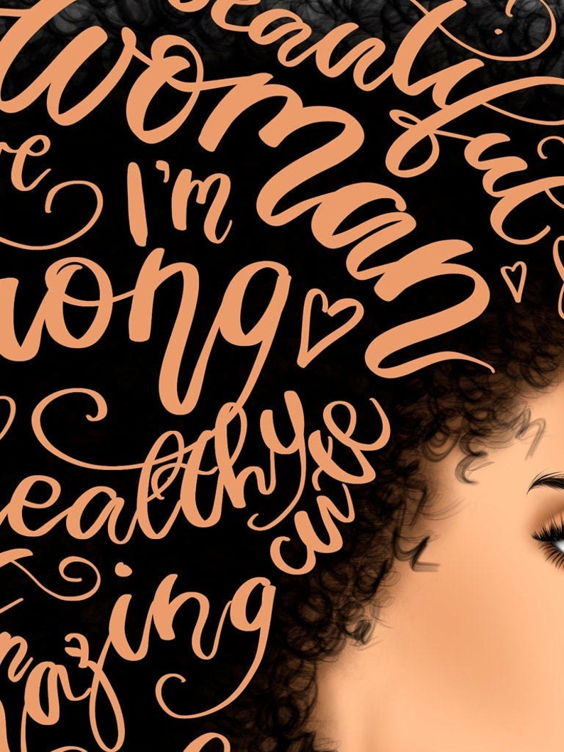 May include: A digital illustration of a woman with an afro hairstyle. The background is black with the words "I'm a beautiful woman, I'm strong, I'm healthy, I'm amazing" written in orange.
