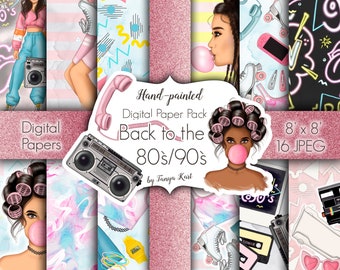 May include: A digital paper pack with 16 8x8 inch JPEG images featuring a retro 80s and 90s theme. The images include roller skates, boomboxes, a phone, and a woman with pink rollers in her hair. The text "Hand-painted Digital Paper Pack Back to the 80s/90s by Tanya Kart" is included in the image.