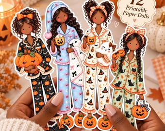 12 Halloween Paper Dolls Printable | PNG JPEG Digital Download | Whimsical Pajama Doll Clipart | Junk Journal Printable Dolls  Paper Craft