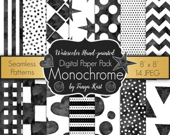 Monochrome Watercolor Paper: Black & White Seamless Patterns (Digital Paper Pack)