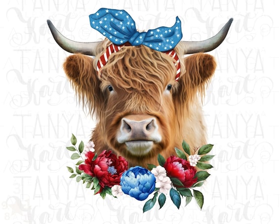 Highland Cow Png, 4Th Of July Png, Cow With Flowers Png, Cow Png Design, Red White Blue Png, Cow Sublimation Png, Patriotic Cow Png