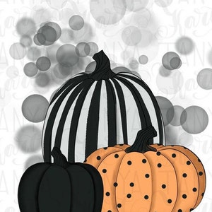 Puede incluir: Ilustraci&oacute;n de tres calabazas. La m&aacute;s grande tiene rayas blancas y negras. La calabaza del medio es naranja con lunares negros. La calabaza m&aacute;s peque&ntilde;a es negra. El fondo tiene c&iacute;rculos grises.