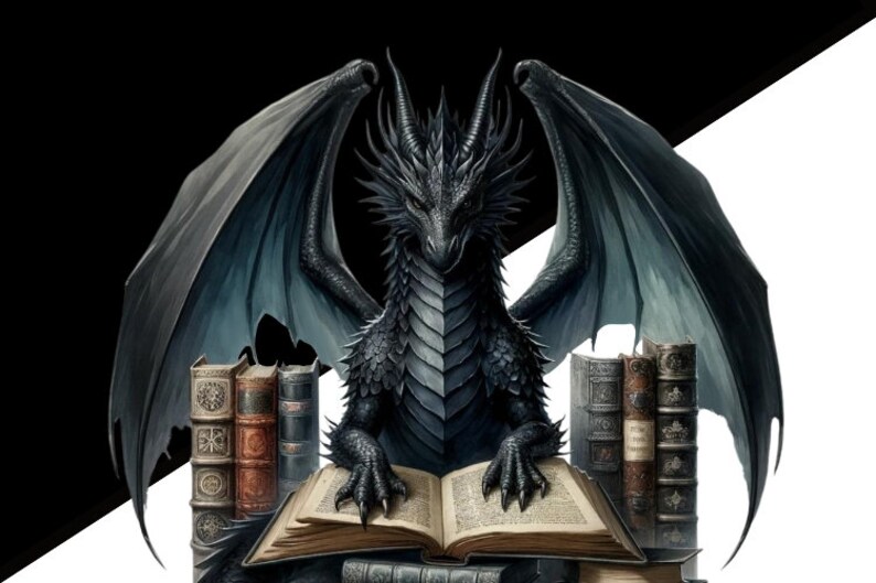 Puede incluir: Un drag&oacute;n negro con grandes alas est&aacute; sentado sobre una pila de libros. El drag&oacute;n sostiene un gran libro abierto en sus garras. El drag&oacute;n tiene una expresi&oacute;n seria en su rostro.