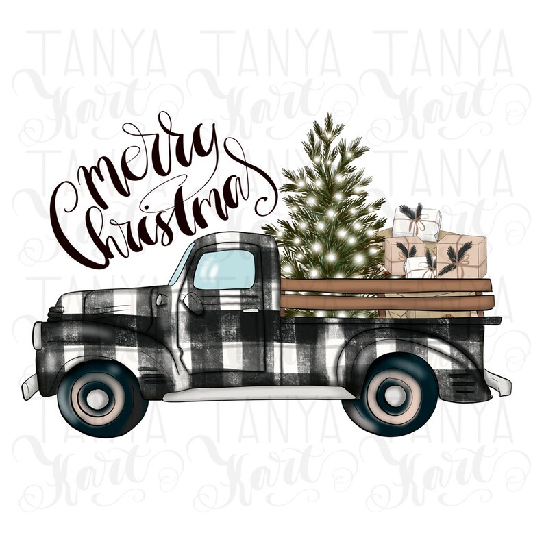 May include: A black and white checkered pickup truck with a Christmas tree and presents in the bed. The truck is decorated with lights and the words "Merry Christmas" are written in black cursive on the front of the truck.