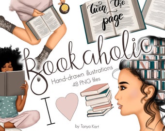 Booklover Clipart, Bookish Illustration, I Love Books, Books Illustration, Bookaholic Clipart, African American Girl, Reading Clipart