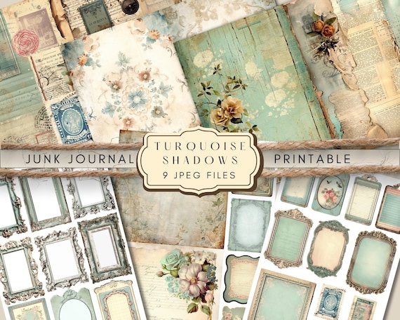 Printable Turquoise Junk Journal Pages, Digital Paper, Collage Supplies Instant Download, Shabby Junk Journal, Vintage Ephemera Tags