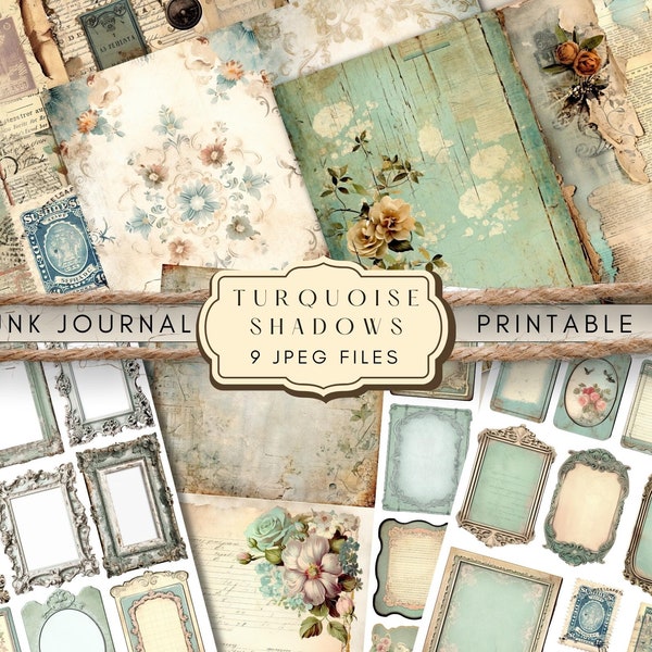 Printable Turquoise Junk Journal Pages, Digital Paper, Collage Supplies Instant Download, Shabby Junk Journal, Vintage Ephemera Tags