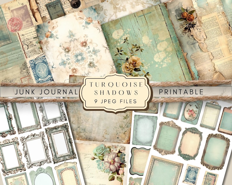 Printable Turquoise Junk Journal Pages, Digital Paper, Collage Supplies Instant Download, Shabby Junk Journal, Vintage Ephemera Tags