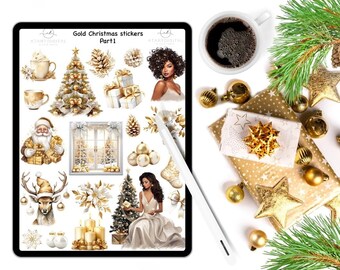 Christmas Digital Planner Sticker Pack for Goodnotes, Notability, Onenote, Cute Gold Stickers, Aesthetic Stickers Sheets,
