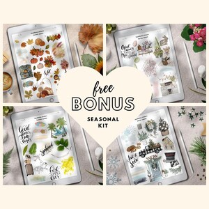 May include: Four digital tablet screens displaying seasonal sticker sets. Each screen features a different season: autumn, spring, summer, and winter. The screens are arranged in a square, with a heart-shaped graphic in the center that reads "free bonus seasonal kit".