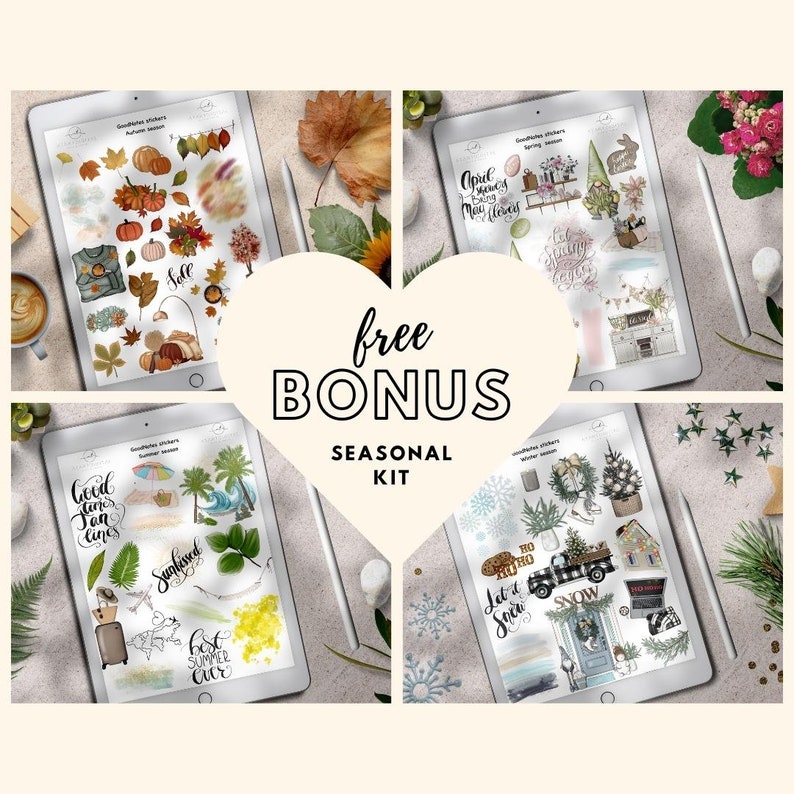 May include: Four digital tablet screens displaying seasonal sticker sets. Each screen features a different season: autumn, spring, summer, and winter. The screens are arranged in a square, with a heart-shaped graphic in the center that reads "free bonus seasonal kit".