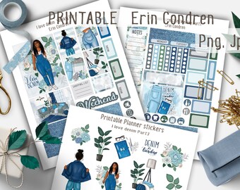 May include: Printable planner stickers featuring a denim theme. The stickers include a woman wearing a denim outfit, a plant, a lamp, a book, and a pair of glasses. The text "I love denim Part 3" and "DENIM Trending" are also included.