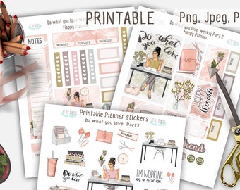 Pegatinas de planificador feliz, pegatinas semanales, chica planificadora, pegatinas imprimibles, chica planificadora, jefa, pegatinas de planificador, planificador rosa, moda